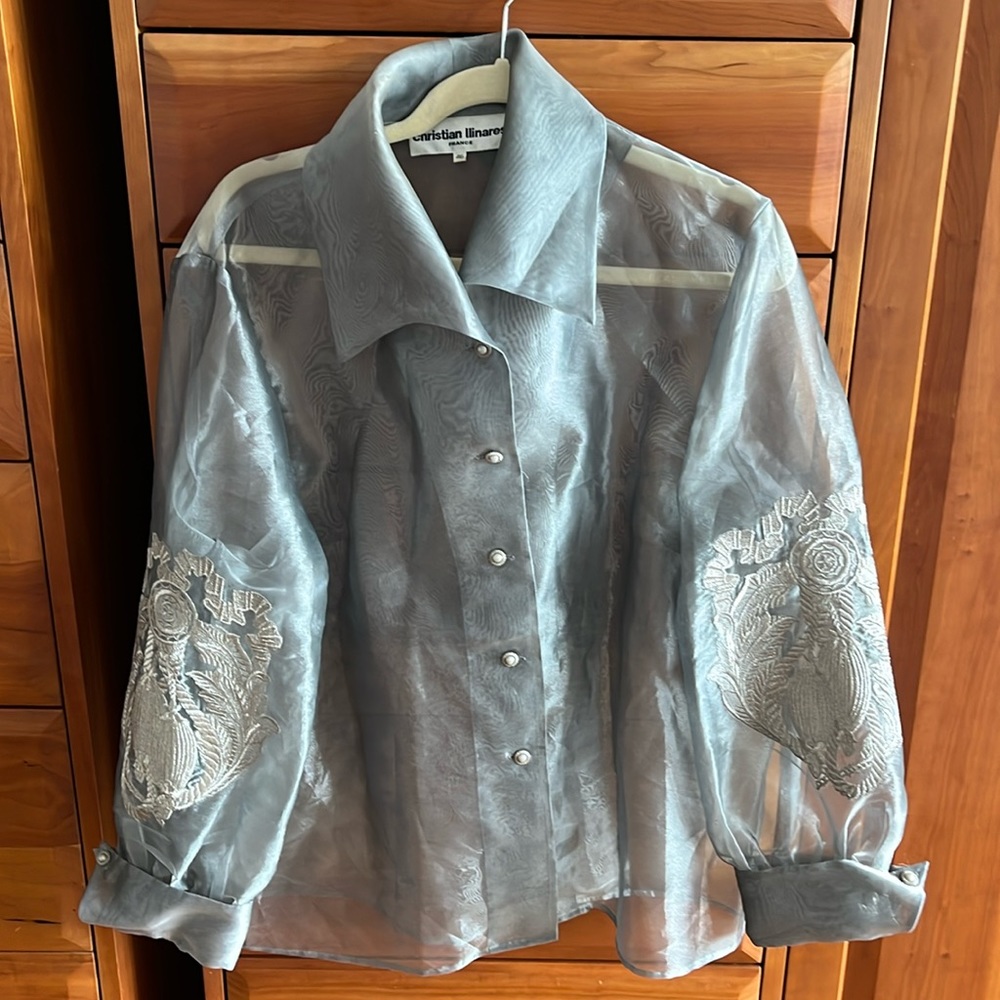 Christian Llinares Paris silver organza blouse with pearl/rhinestone buttons